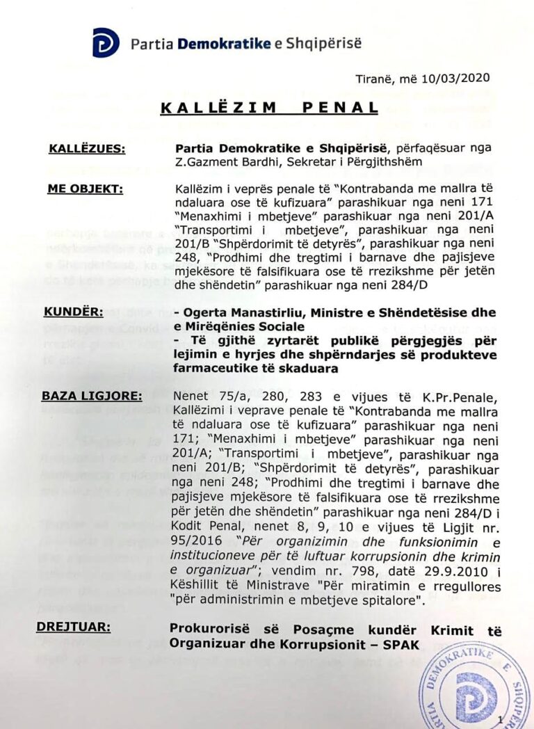 PD kallëzon në SPAK ministren e Shëndetësisë
