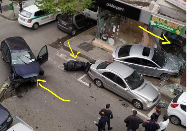 Dalin pamjet e aksidentit në ish-Bllok. Polici me shpejtësi skëterrë merr përpara makinat e përfundon në dyqan (Video)