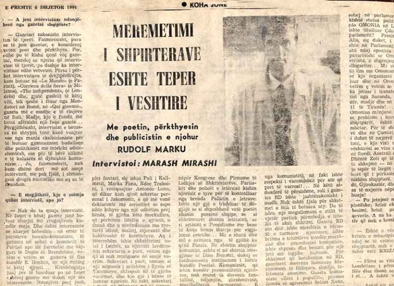 Intervista e parë e poetit, përkthyesit dhe gazetarit Rudolf Marku në dhjetor 1991 në KOHA JONE