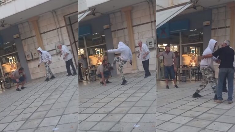 I kërkon të gjunjëzohet dhe e qëllon me shkelm në fytyrë në mes të qytetit, pamjet tronditëse