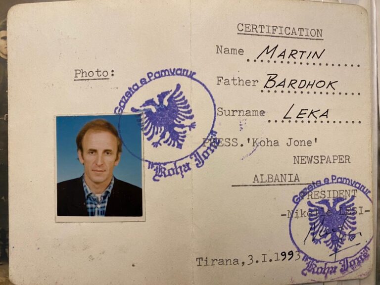 Karta e gazetarit Martin Leka me 3 janar 1993 (foto)