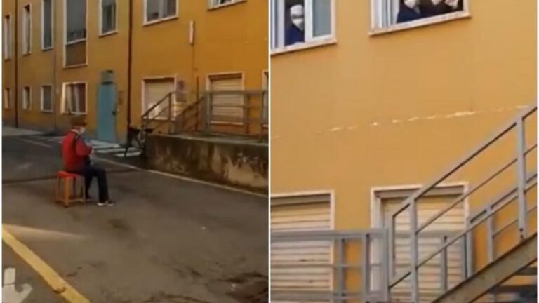 Video-emocionuese/ Covid i ndau, 81 vjeçari me fizarmonikë në duar i bën suprizë bashkëshortes poshtë dritares së spitalit