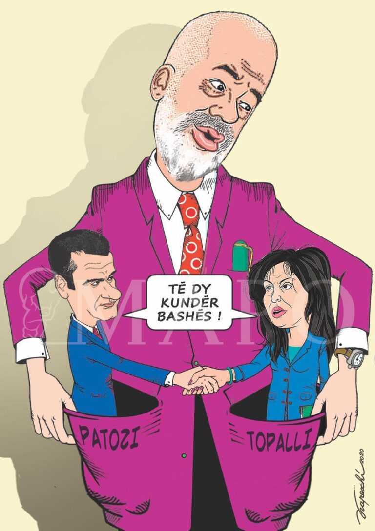Karikatura e Bujar Kapexhiut: Topalli dhe Patozi, të dy kundër Bashës nga xhepat e Ramës!