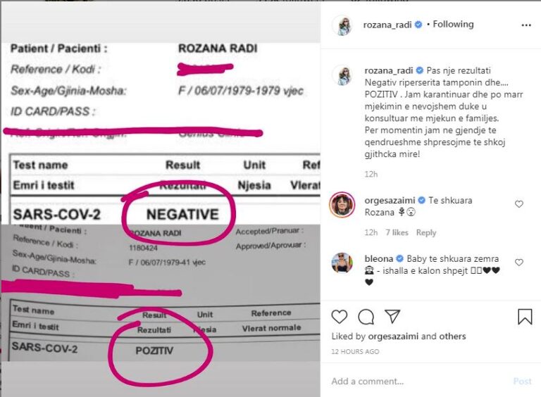 Rozana Radi infektohet me Covid-19
