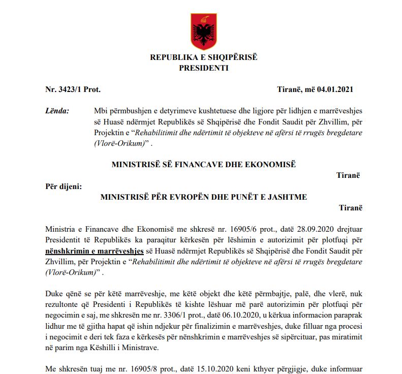 Letra E Presidentit Per Ministrine E Financave Marreveshja Me Fondin Saudit U Firmos Pa Plotfuqine E Kreut Te Shtetit Gazeta Koha Jone