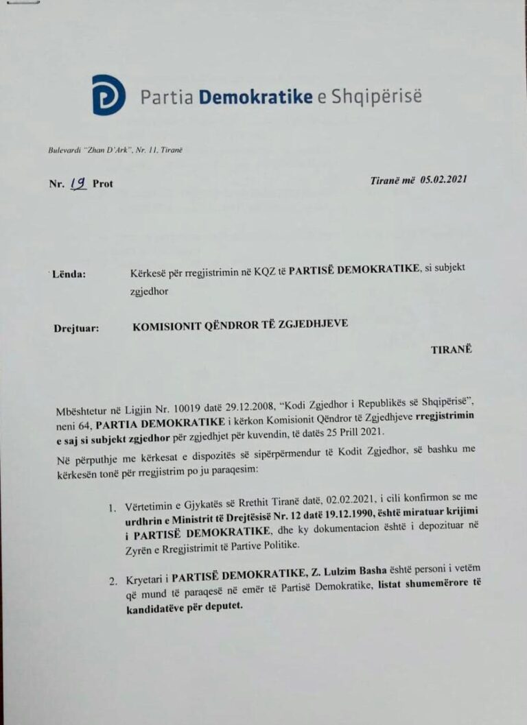 Dokumenti/ PD kërkesë për regjistrimin në KQZ