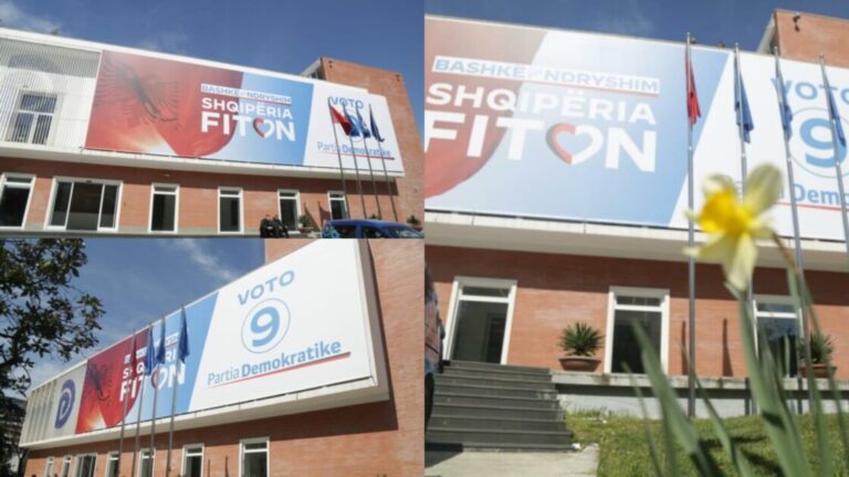 Në selinë e PD-së stampohet banderola me sloganin për 25 prillin (VIDEO)