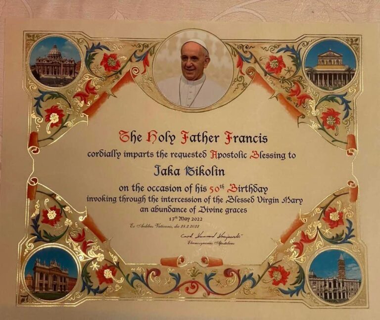 Certifikatë bekimi për Nikolin Jakën nga Papa Françesku me rastin e 50-vjetorit të lindjes