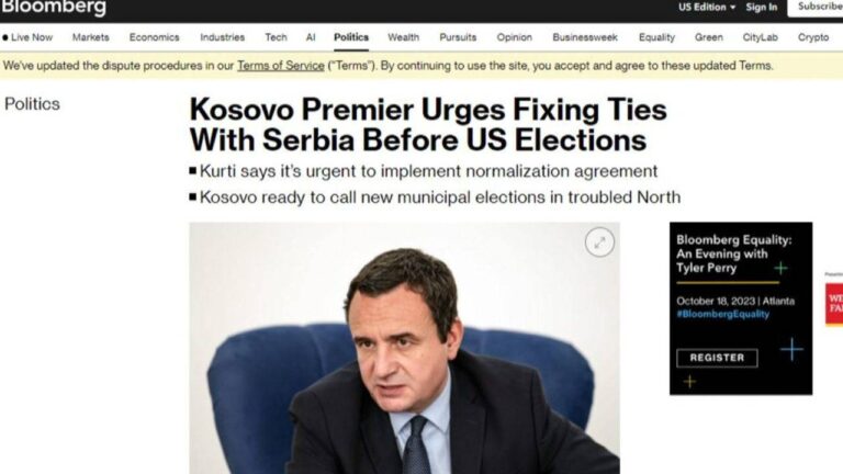 Albin Kurti për Bloomberg: Kosova dhe Serbia të normalizojnë raportet para zgjedhjeve në SHBA