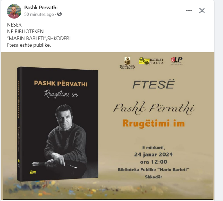 Piktori i talentuar, Pashk Përvathi, me librin “Rrugëtimi im” në biblotekën “Marin Barleti”, Shkodër
