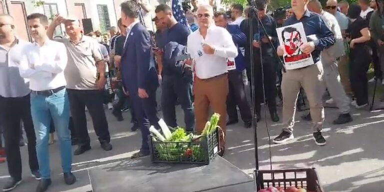 VIDEO/ Nis protesta. Protestuesit sjellin mollë dhe presh para godinës së bashkisë