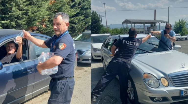 FOTO/ Radhë të gjatë për të parë ndeshjen, policia në bashkëpunim me ambasadën shqiptare në Shkup shpërndajnë ujë