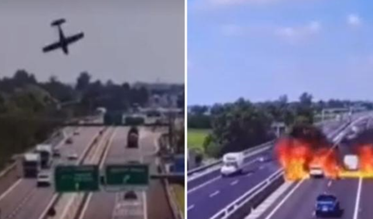 FOTO/ Avioni rrëzohet në autostradë dhe shpërthen në flakë