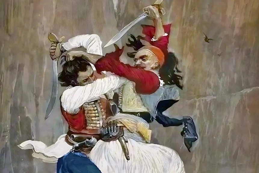 Detaj nga “Settling a Frontier Dispute”, ilustrim i Richard Caton Woodville, botuar më 1880 në “The Illustrated London News” e që paraqet dyluftimin në kufi midis shqiptarit dhe malazezit