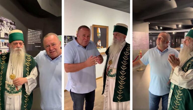 Gjergj Luca në tempullin e Bektashizmit, me Baba Mondin, atje ku mëkohet dashuria për Zotin dhe Atdheun