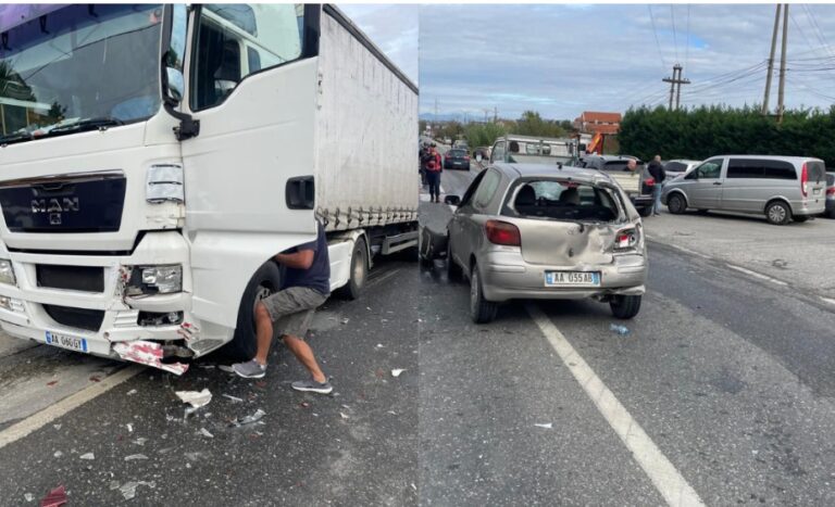 Kamioni përplaset me Toyotën në Lezhë-Shkodër, një i plagosur dhe trafik i rënduar