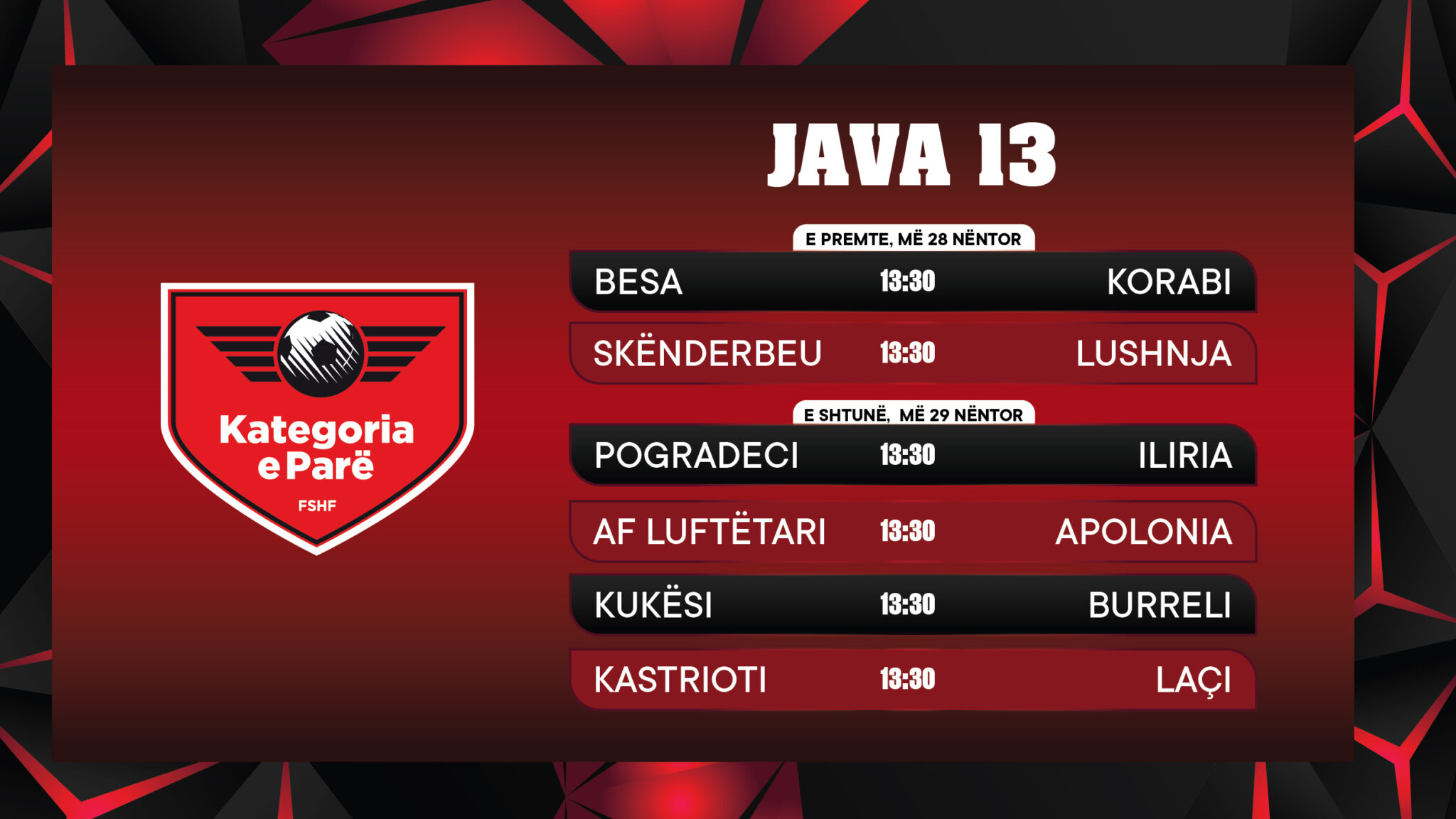 Java e 13 të e Kategorisë së Parë  Skënderbeu pret Lushnjen  Laçi luan në transfertë me Kastriotin