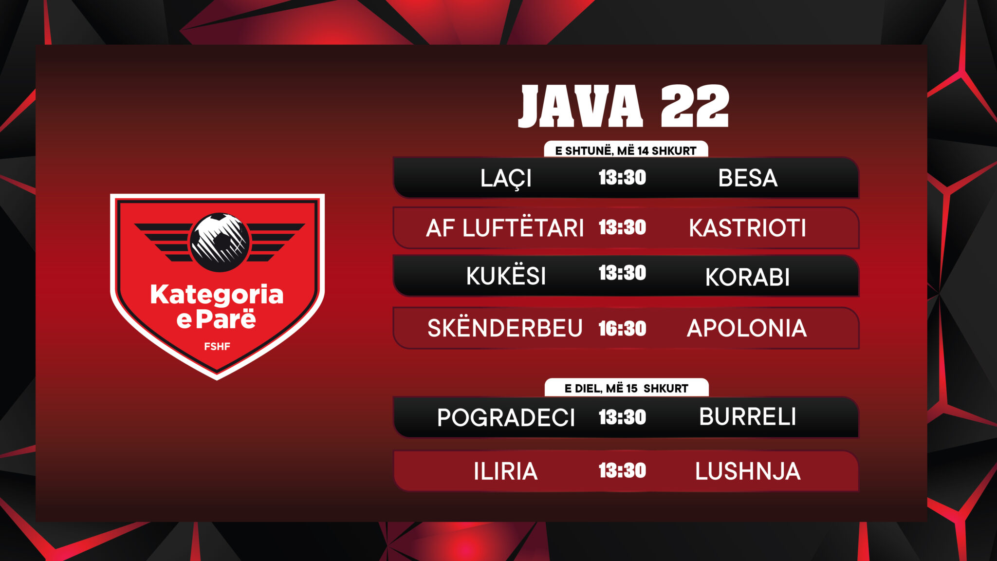 Java e 22 të e Kategorisë së Parë  Skënderbeu pret Apoloninë  Laçi luan ndaj Besës