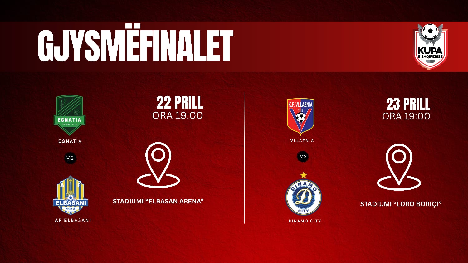 Kupa e Shqipërisë  Gjysmëfinalet   Elbasani pret Egnatian në shtëpi  Dinamo City përballet me Vllazninë