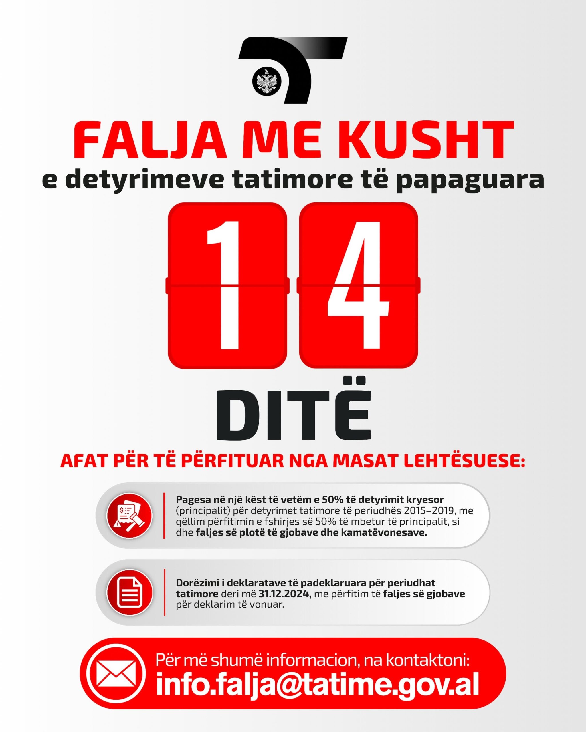 Falja e detyrimeve tatimore të papaguara  14 ditë afat për të përfituar nga masat lehtësuese