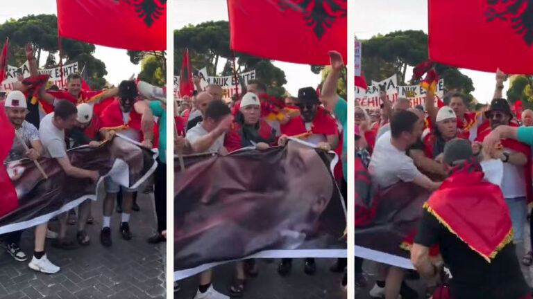 Retorika e protestës, Lamallari reagon me Ajnshtajnin ndaj dhunës mbi posterin e Ramës