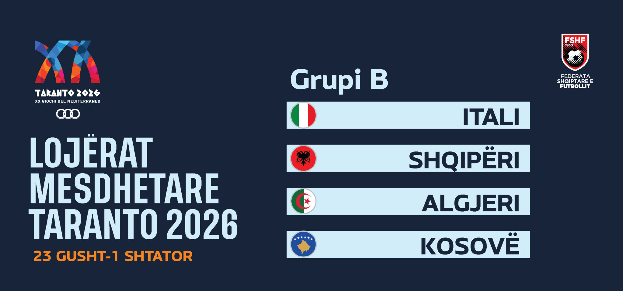 Kombëtarja U 21 do të marrë pjesë në Lojërat Mesdhetare  Taranto 2026   mëson kundërshtarët në fazën e grupeve