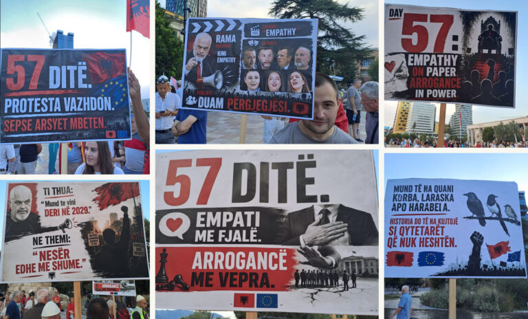 Tubimi në ditën e 57-të, protestuesit i përgjigjen Ramës me pankarta: Mund të na quash korba e laraska, historia do të na kujtojë si qytetarë që nuk heshtën