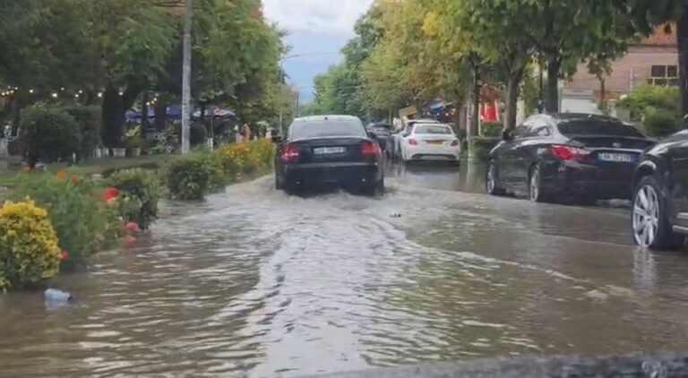 Stuhi e fortë në Pogradec, reshjet e dendura përmbytin disa zona të qytetit