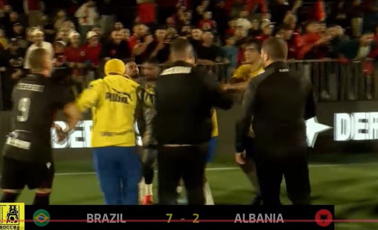 Shqipëria në Socca mundet thellë nga Brazili, por në fundin e ndeshjes ka sherr masiv