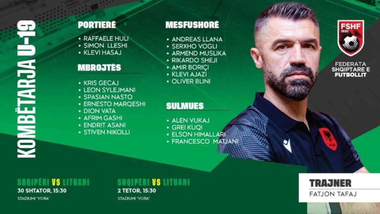 Miqësoret e Kombëtares U-19 kundër Lituanisë/ Trajneri Fatjon Tafaj fton 22 lojtarë