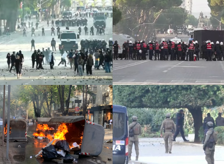 Police chase protesters on foot as RENEA forces surround the Prime Minister’s Office. Unrest returns to Tirana
