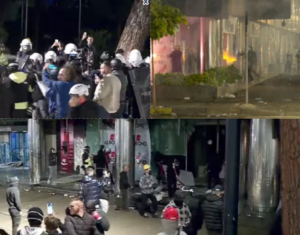FOTO/ Përleshje polici-protestues në Bulevard, disa të rinj shkatërrojnë fasadat e bizneseve